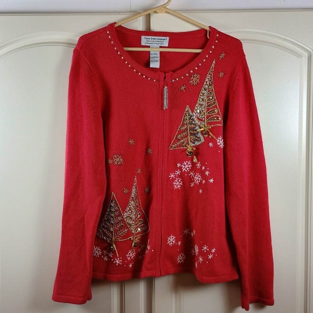 Vtg Tiara International Christmas Sweater Large Red Trees Jingle Bells Zip